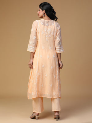 Semal Hand Embroidered Peach Glow Festive Mul Chanderi Chikankari Kurta Set