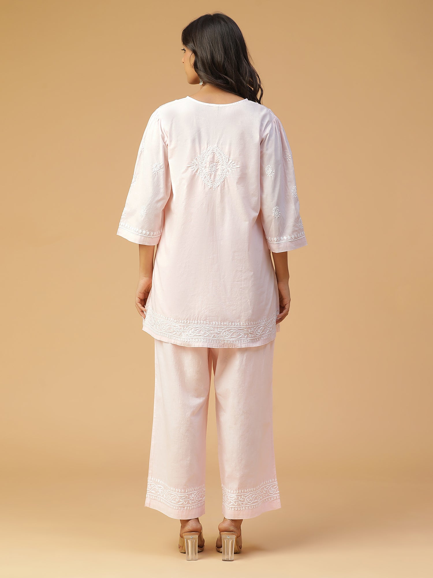 CHIKANKARI COTTON CO-ORD SET WITH BACK BOX-PLEATED TOP