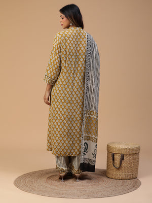 Hand Block Printed Olive Green Straight Front Slit Kurta With Pants and Dupatta Set Blk_009