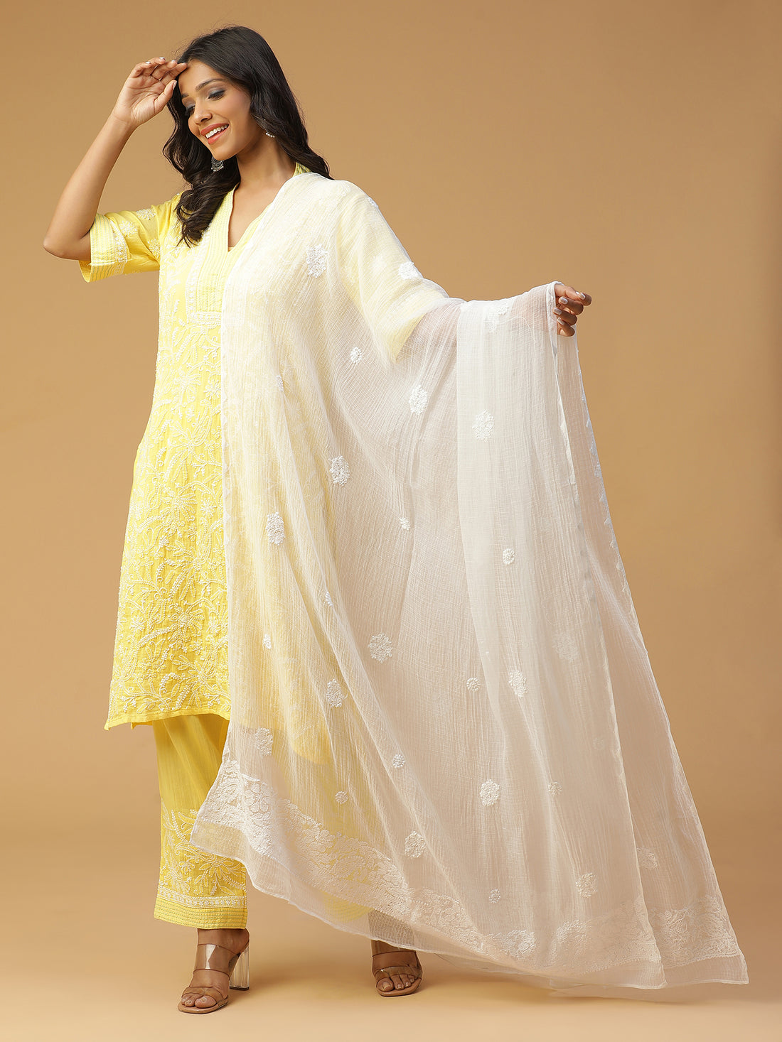 Lucknowi Chikankari Kota Dupatta with Applique work detailing