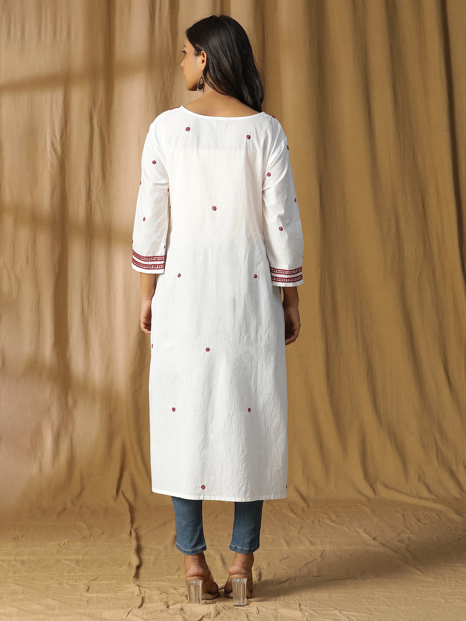 Straight Kurta with Patti Neck Design and Red Chikankari Work