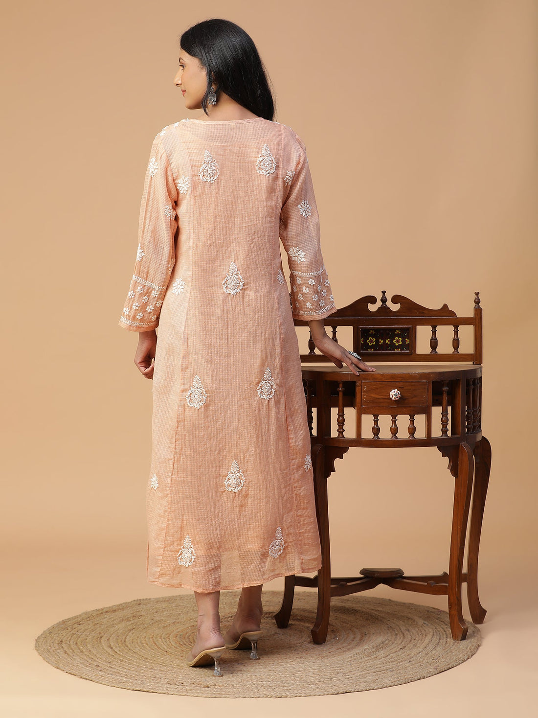 Chikankari Peach Kota Cotton Kurta with Neck Dori Delight