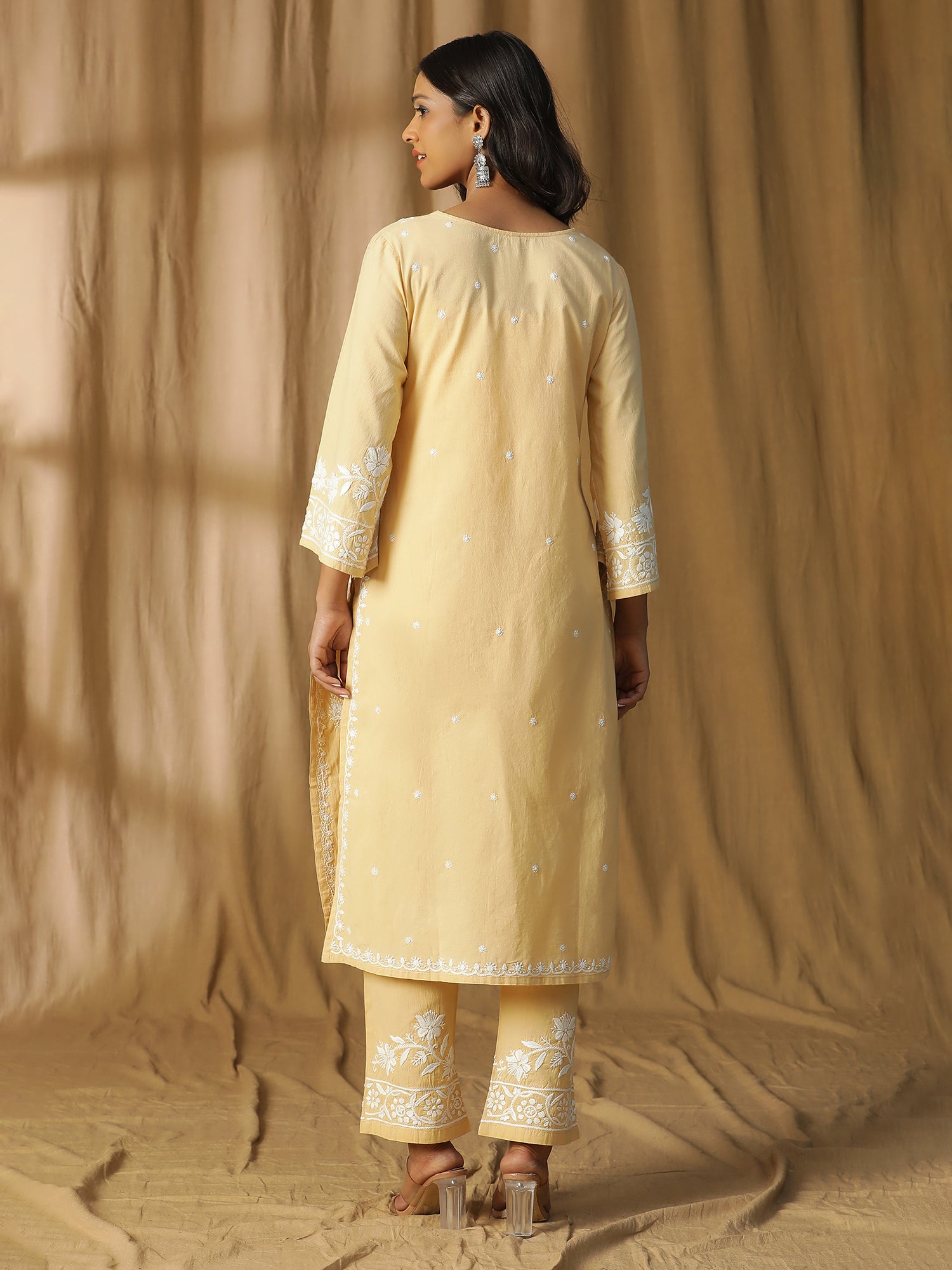 Light Beige Cotton Kurta Set with Subtle Chikankari Embellishments