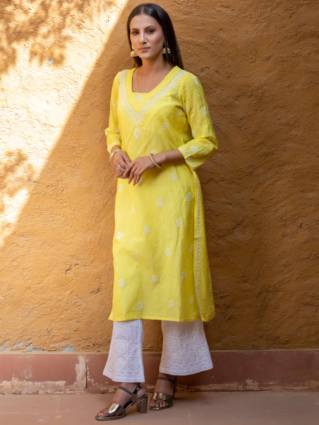 Semal handicrafts Lucknow Chikankari straight yellow kurta