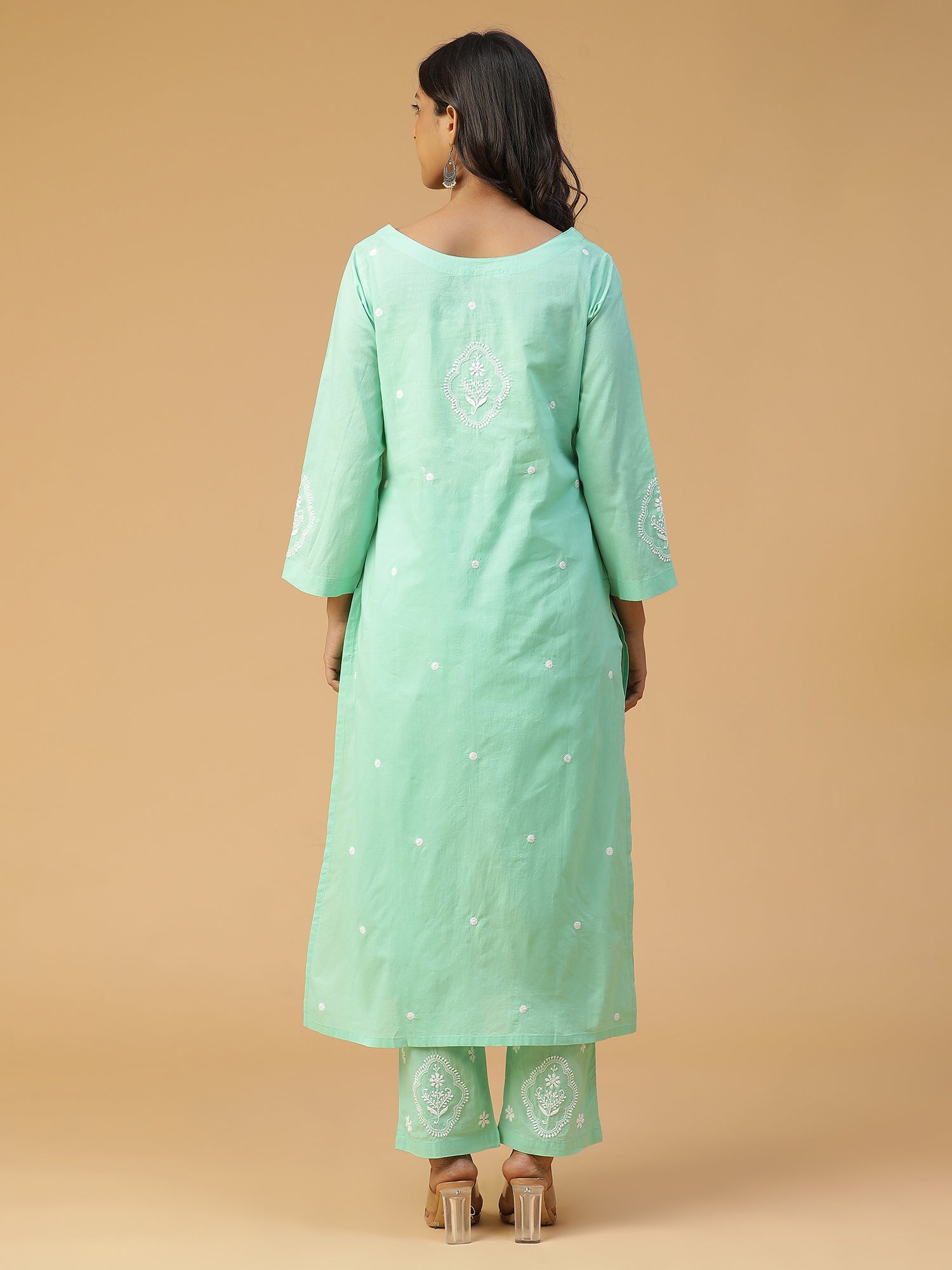 Semal Soft Cotton Boat Neck Chikankari Kurta Set in Tranquil Green