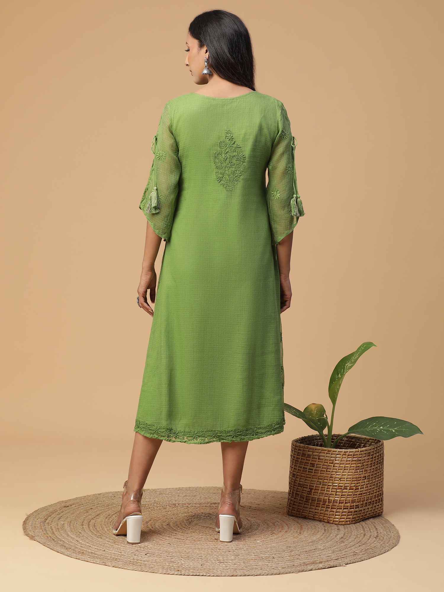 Chikankari cotton green dress with Kota doria attached shrug