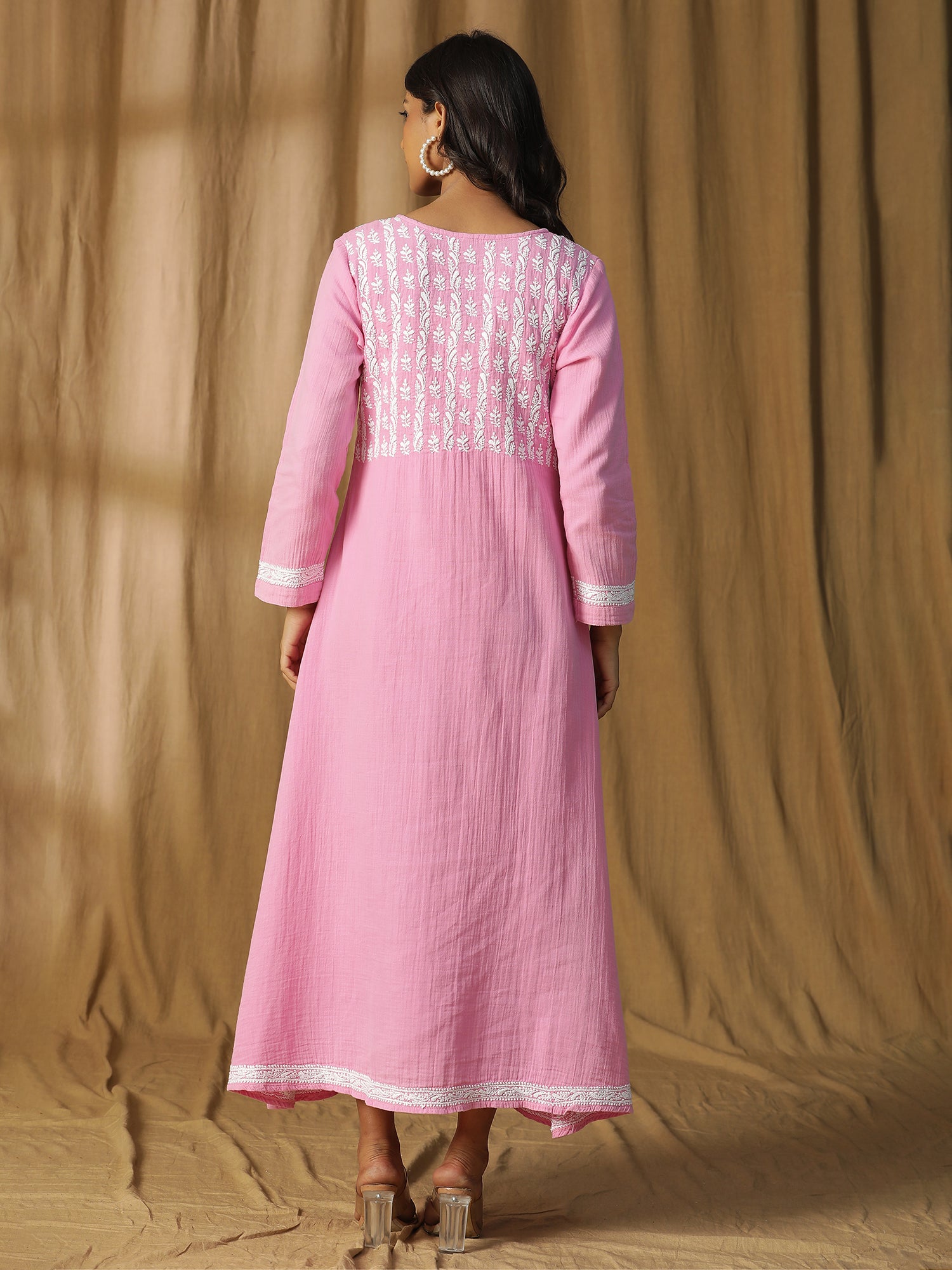 Soft Petal Elegance Chikankari Cotton Long Dress in Pink