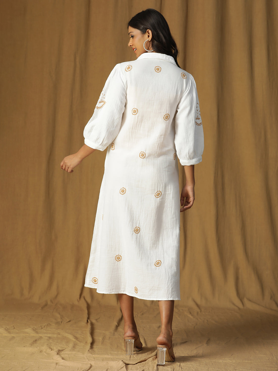 Cotton Comfort Chikankari Long Midi Dress with Pockets