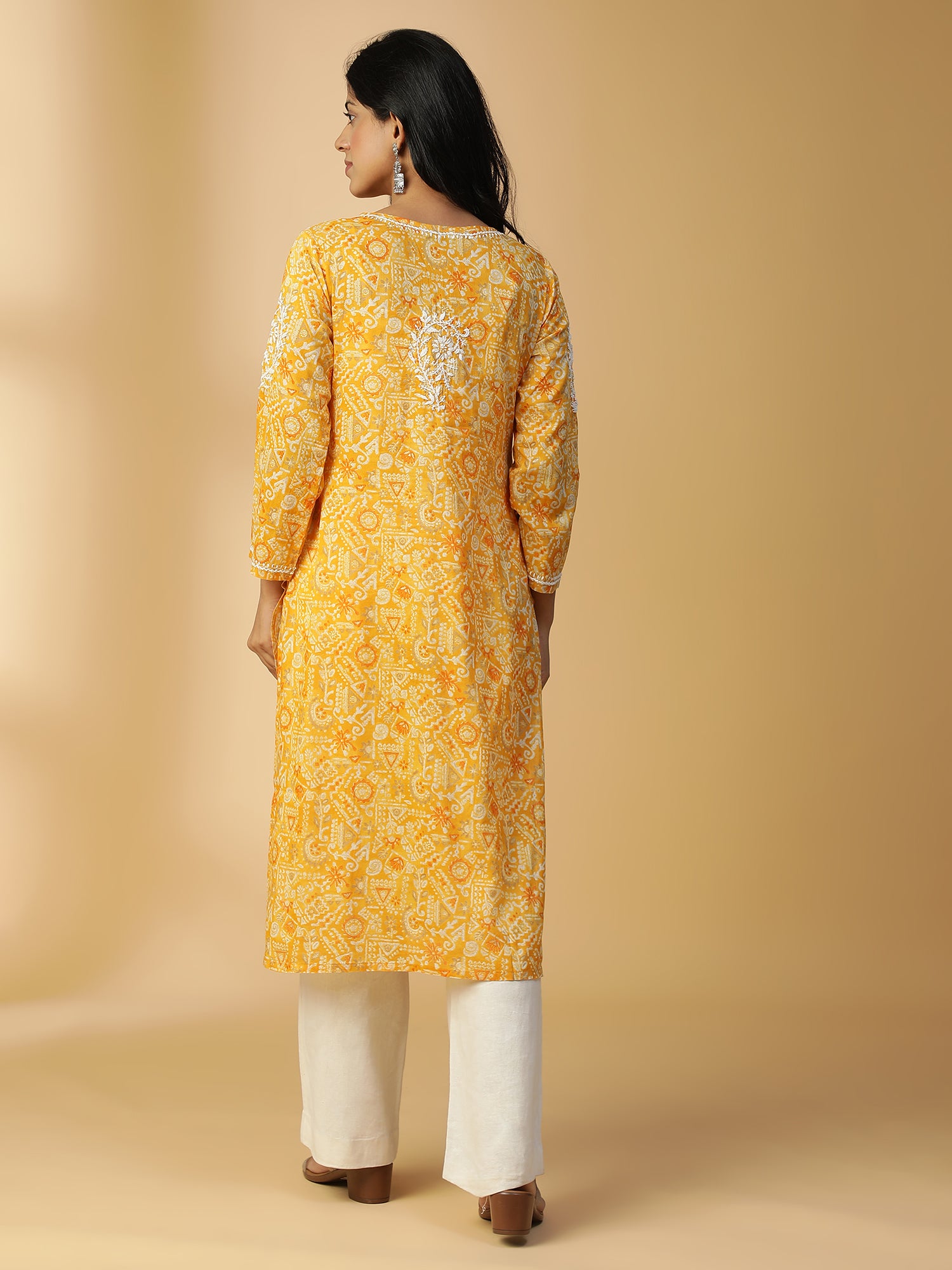 HAND EMBROIDERED GOLD YELLLOW COTTON LUCKNOWI CHIKANKARI PRINTED KURTA CH0156