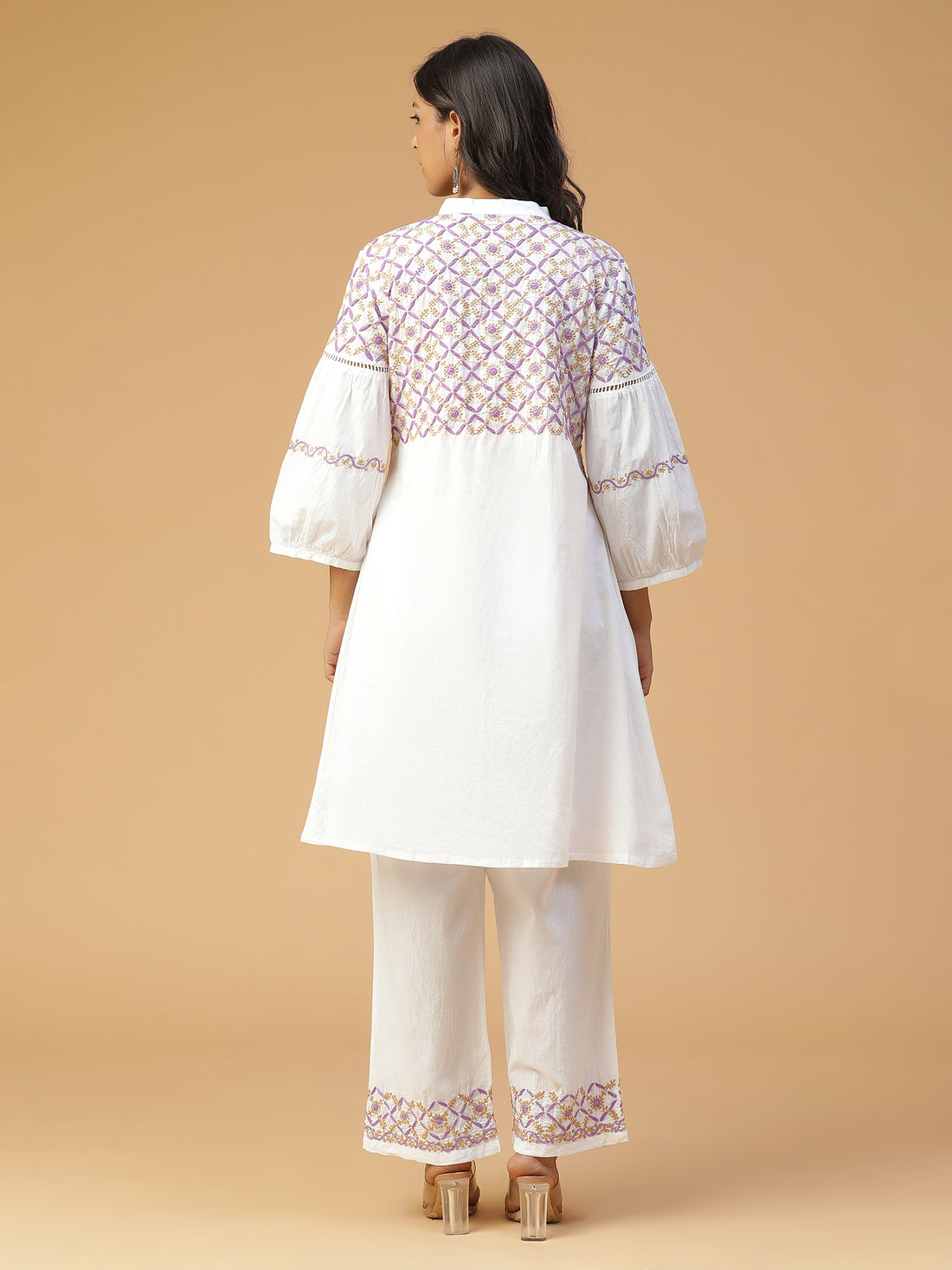 Chikankari front open kurta with jaali lace Detailing Co-Ord Set