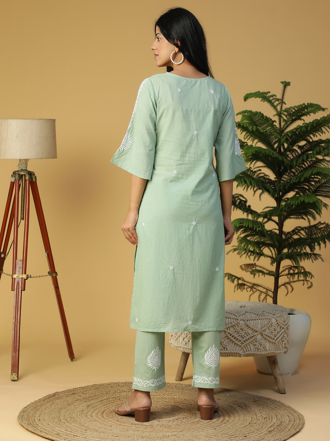 Hand Embroidered Basil Green Cotton Lucknowi Chikankari Yoke Design Kurta With Pants CH0247