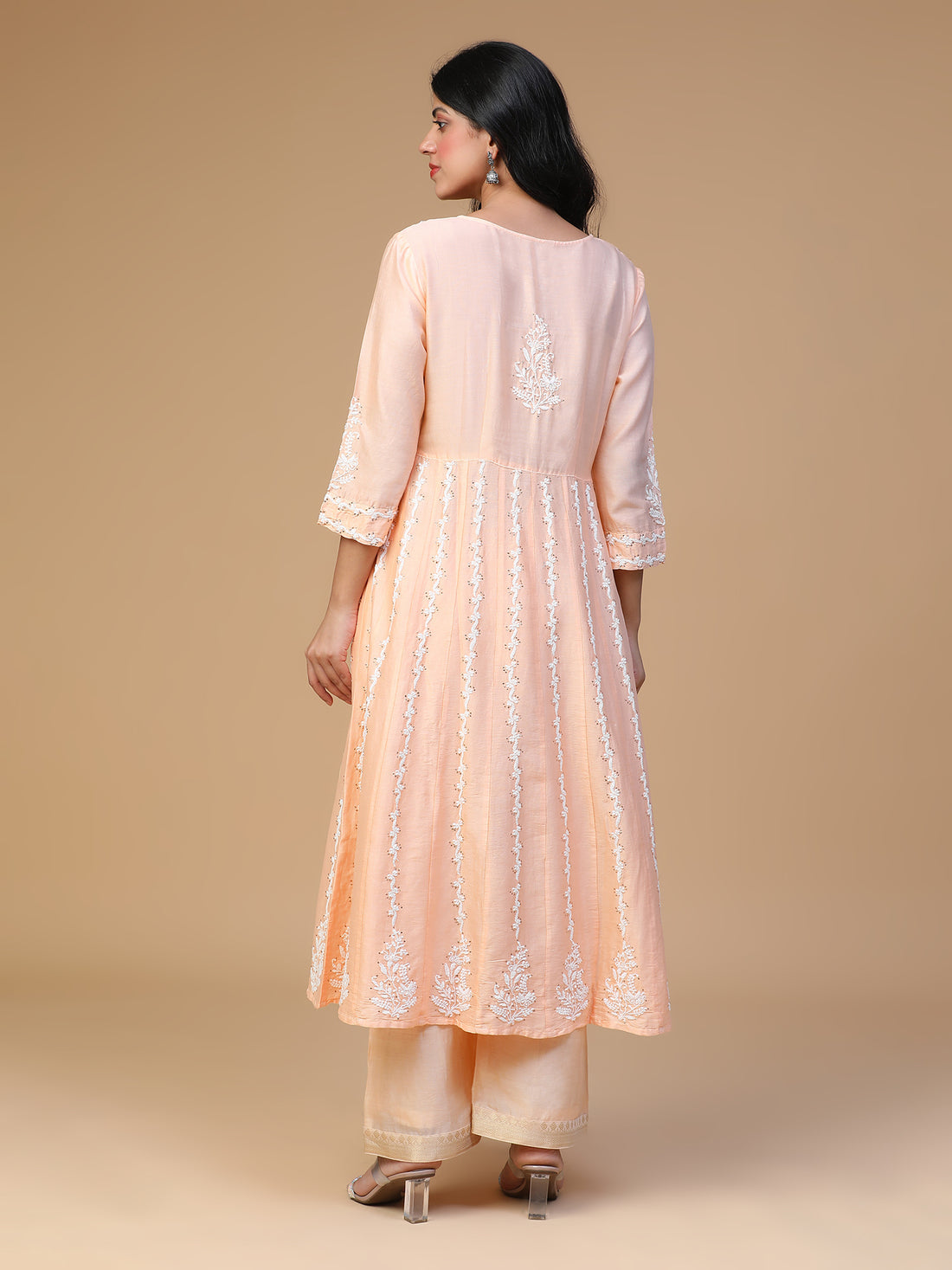 Semal Hand Embroidered Chanderi Silk  Peach Lucknow Chikankari Front Slit Kali Kurta With Mukaish Work