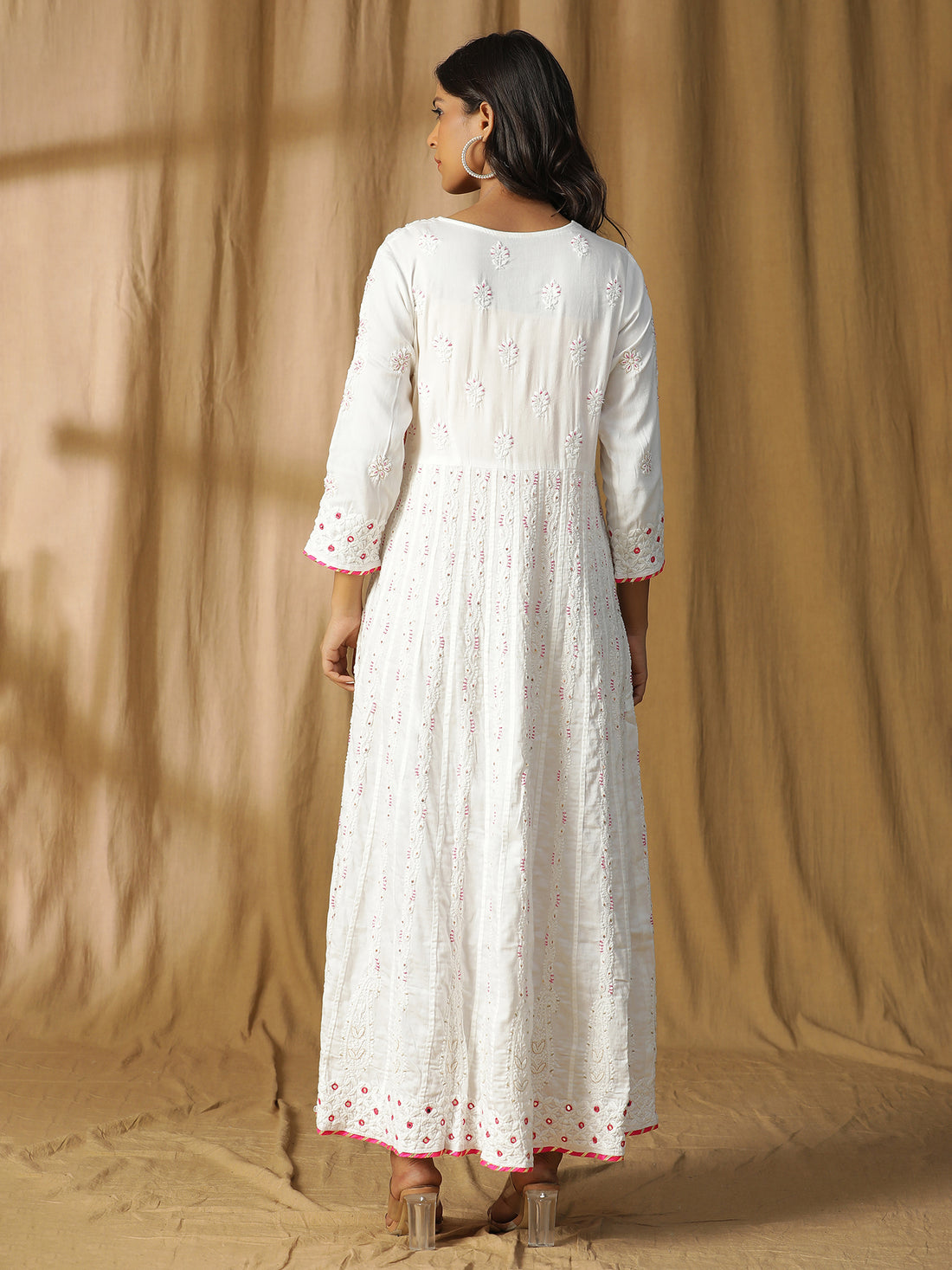 Chikankari cotton long kali kurta with sequence work