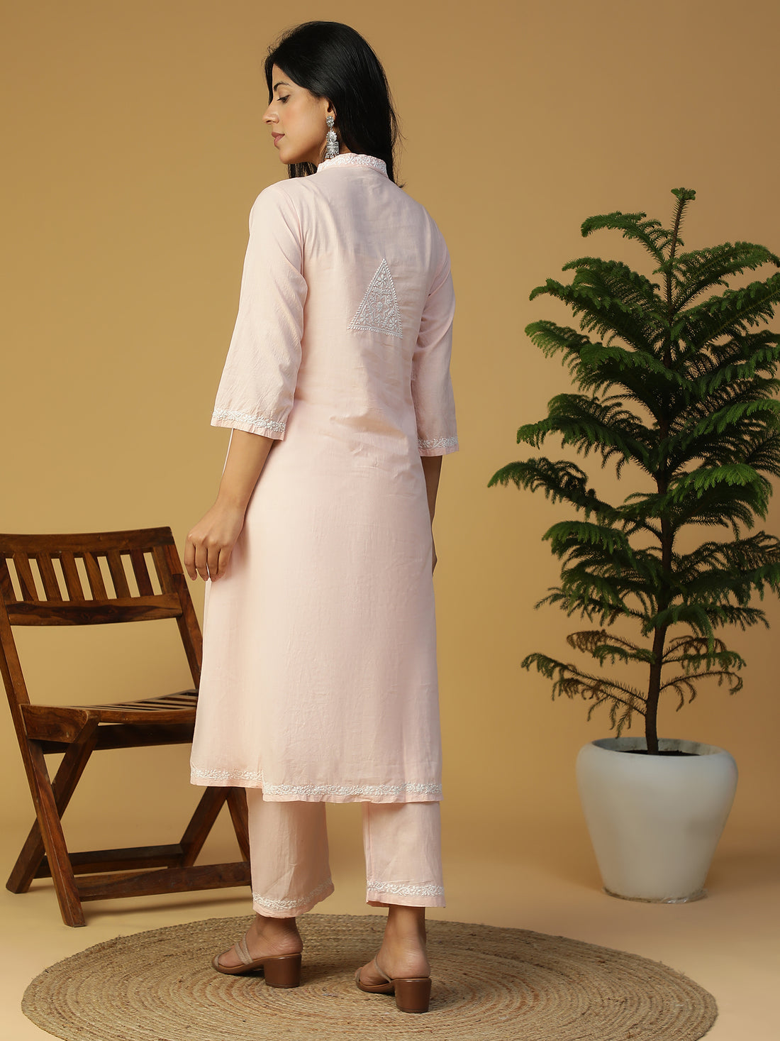 Hand Embroidered Cotton Lucknowi Chikankari Front Slit Kurta With Pants CH0244