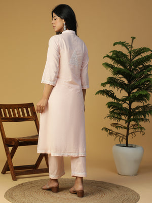 Hand Embroidered Cotton Lucknowi Chikankari Front Slit Kurta With Pants CH0244