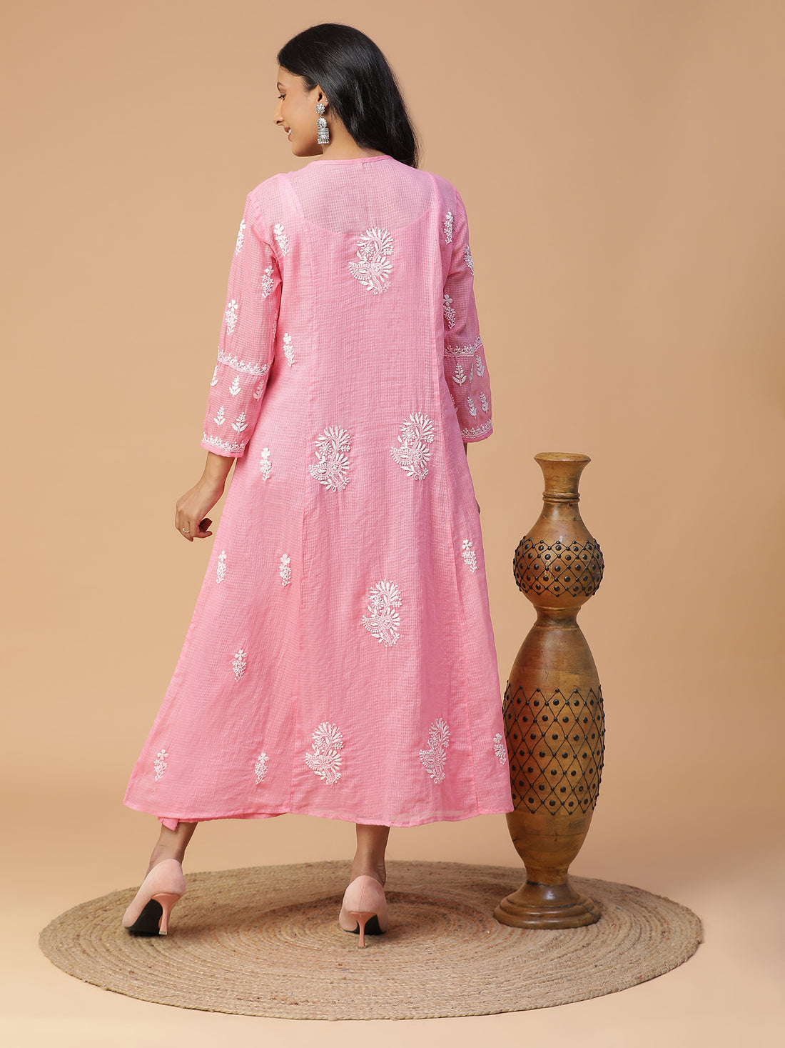 Chikankari Pink Kota Cotton Kurta with Neck Dori Delight