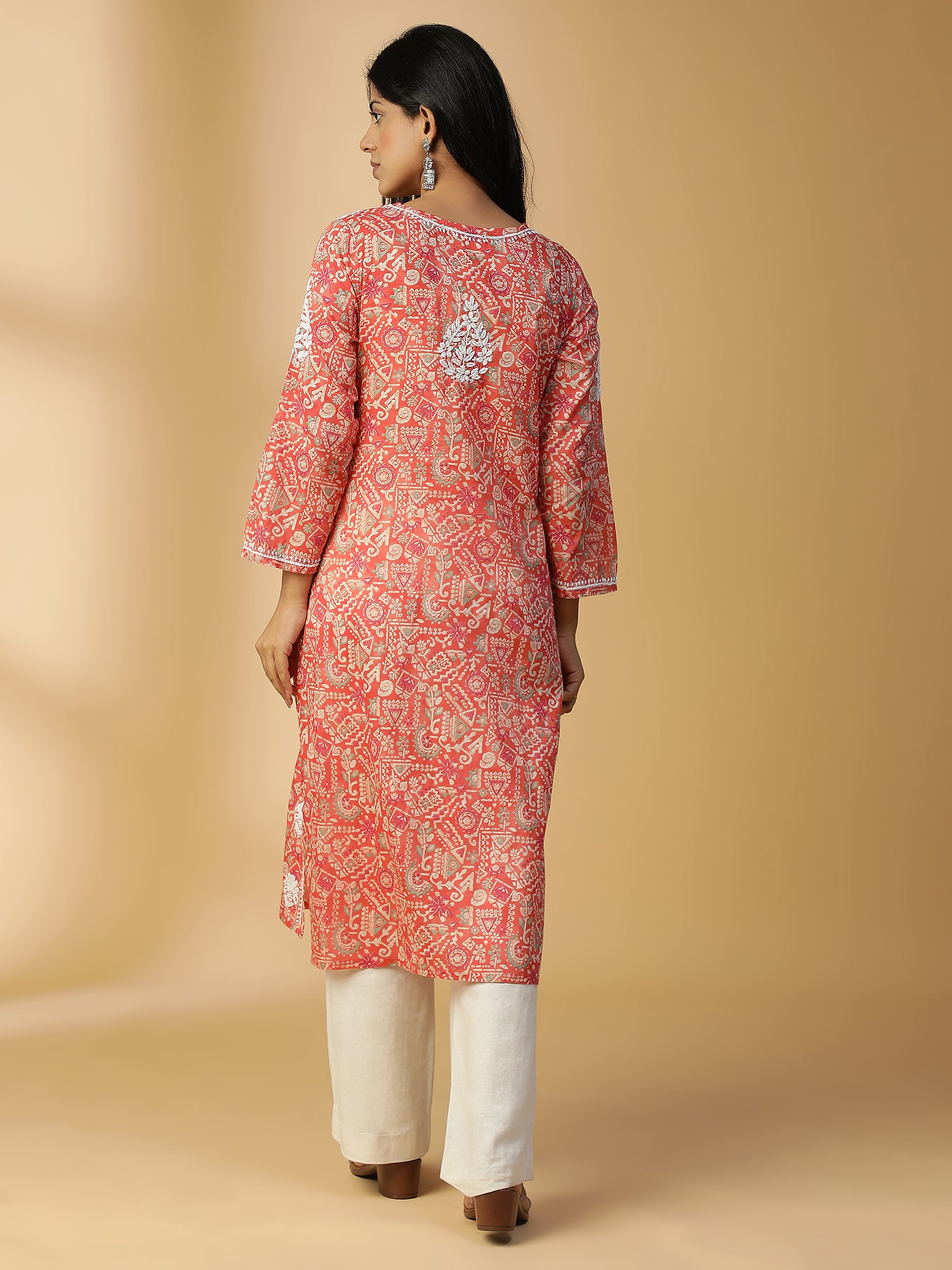 HAND EMBROIDERED ROSE PINK COTTON LUCKNOWI CHIKANKARI PRINTED KURTA CH0157