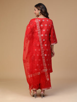 SEMAL HAND EMBROIDERED BANARSI CHANDERI RED COLOUR STRAIGHT KURTA SET