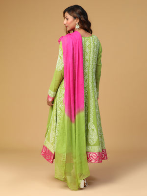 Semal Hand Embroidered Georgette Parrot Green Anarkali Chikankari Kurta with Dupatta Set