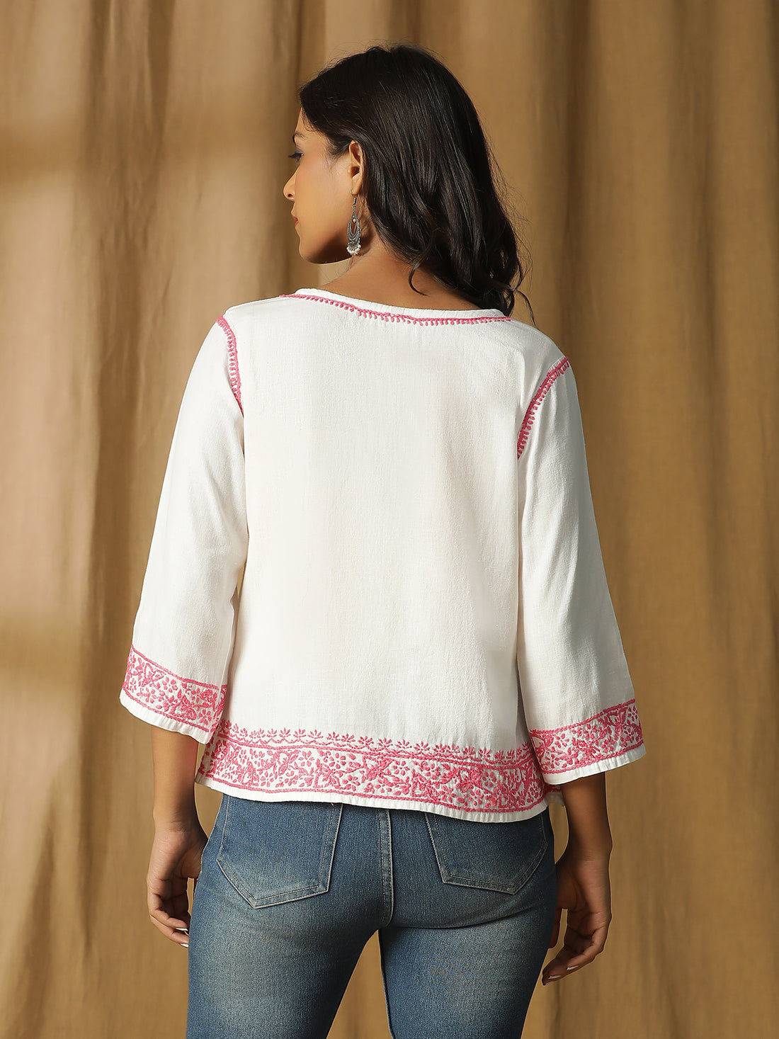 CHIKANKARI A-SYMMETRIC COTTON LINEN SHORT TOP