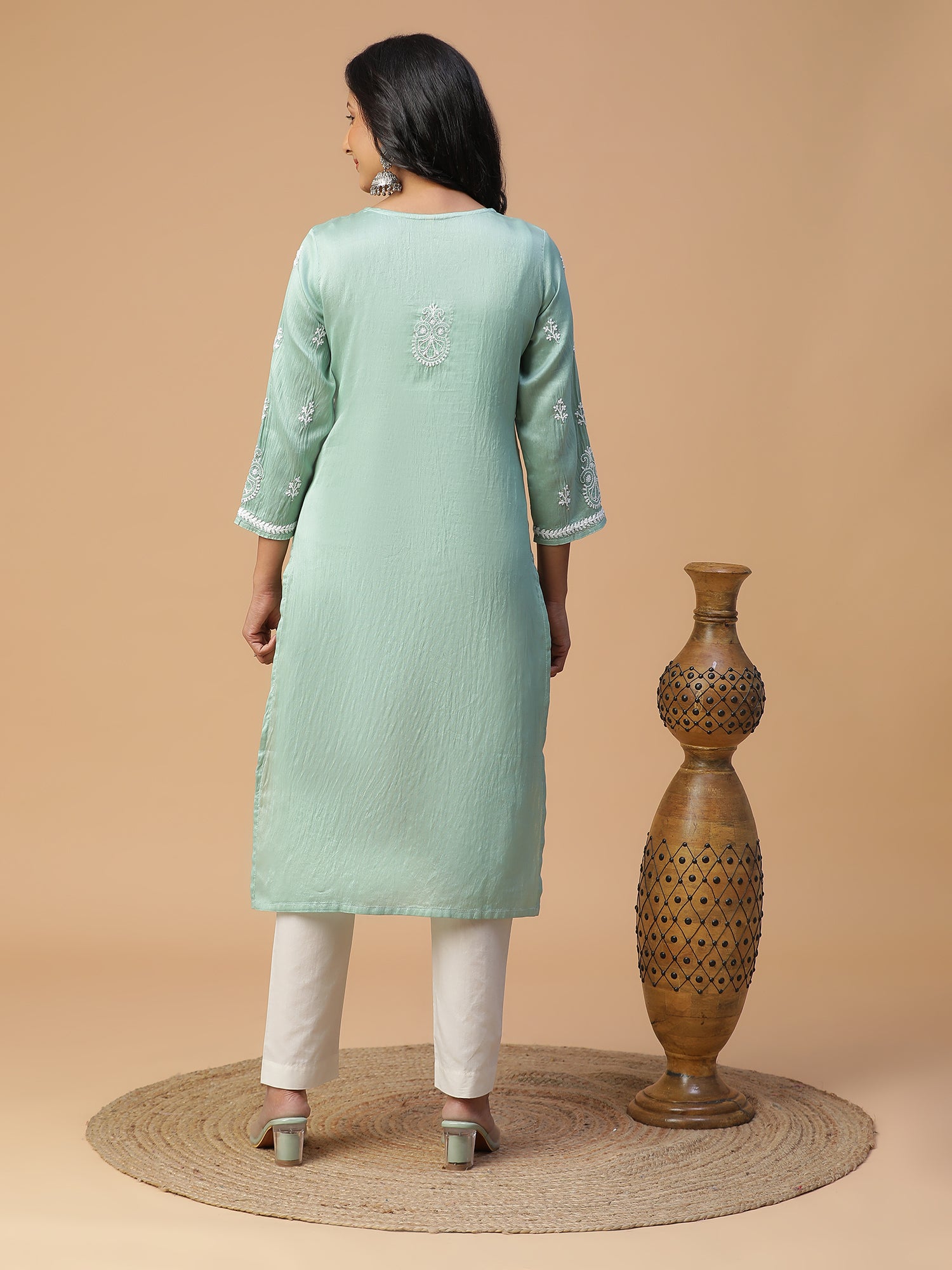 Semal Hand Embroidered Green Chanderi Lucknowi Chikankari Straight Kurta CH0016