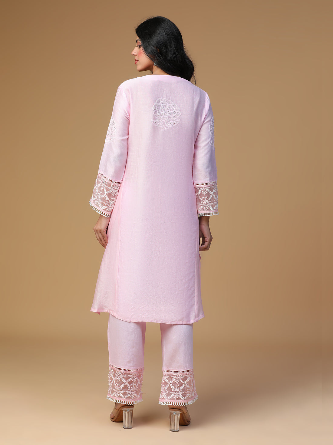 Semal Hand Embroidered Chanderi Rose Pink Colour Lucknow Chikankari with Mukaish work Kurta Set