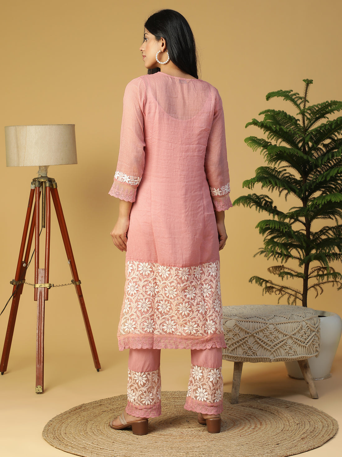 Hand Embroidered Lucknowi Chikankari Straight with Organza Border Kota Kurta With Pants CH0229/0125