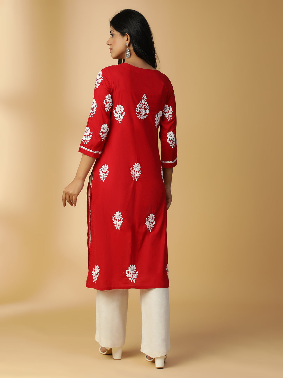 Hand Embroidered Graceful Red Lucknowi Chikankari Cotton Straight Kurta CH0154