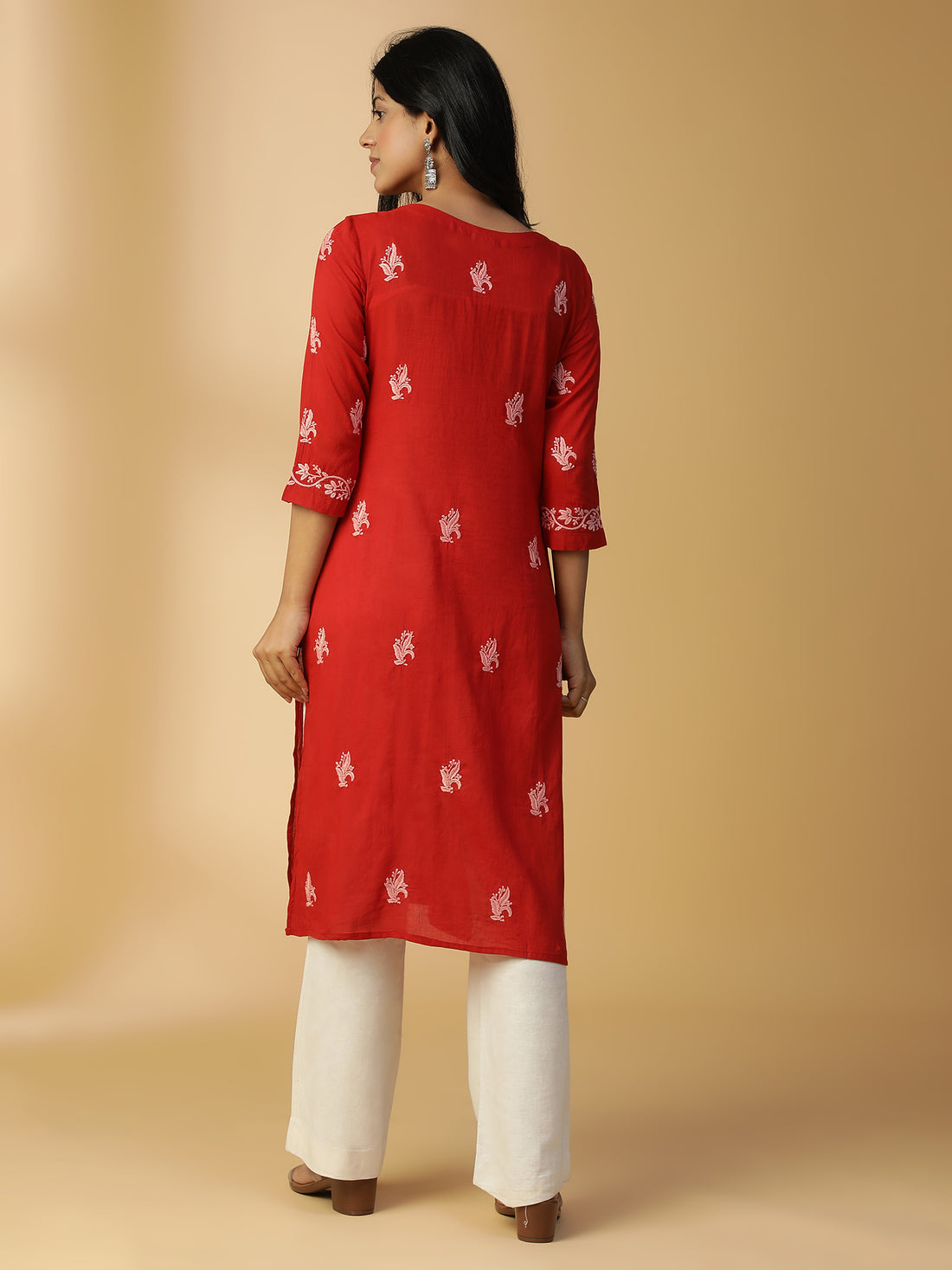 Hand Embroidered Lucknowi Chikankari Cotton Red Straight Kurta CH0002B