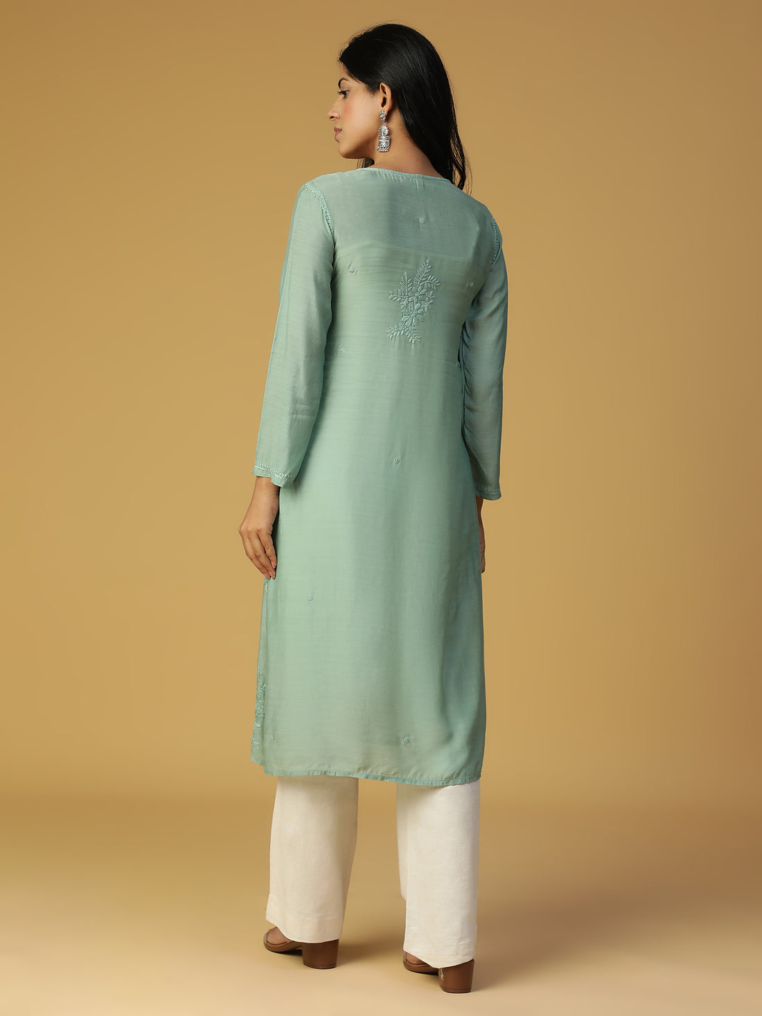 Hand Embroidered Lucknow Chikankari Straight Basil Green Muslin Kurta CH0169