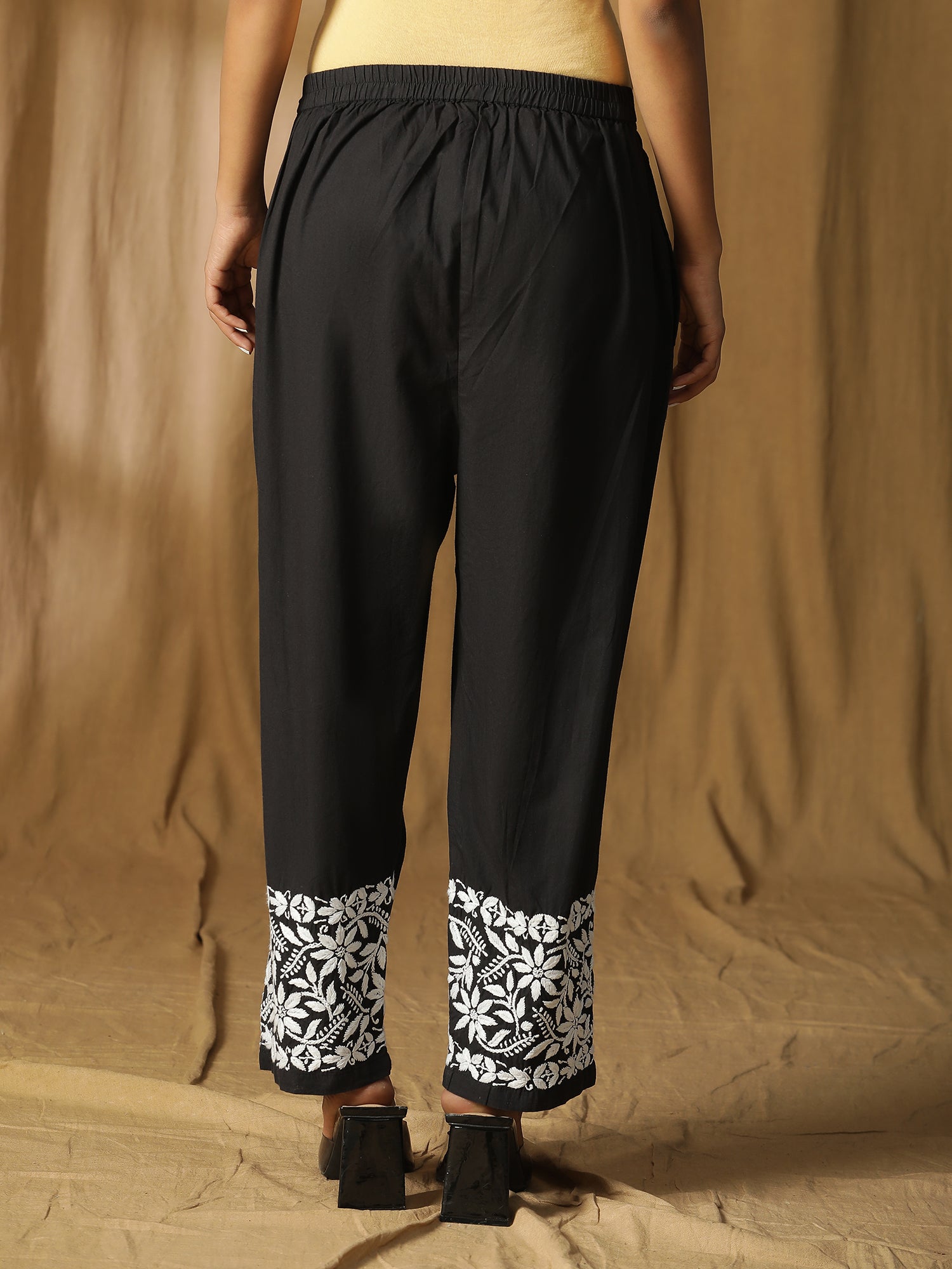 Chikankari Hand-Embroidered Cotton Black pants with pocket