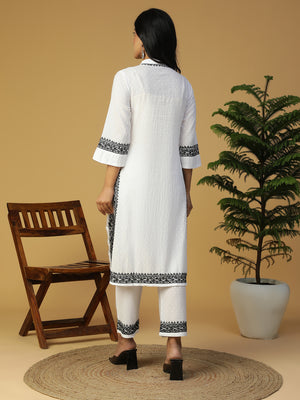 Hand Embroidered Cotton Dobby Lucknow Chikan Black & White Kurta Set CH0215