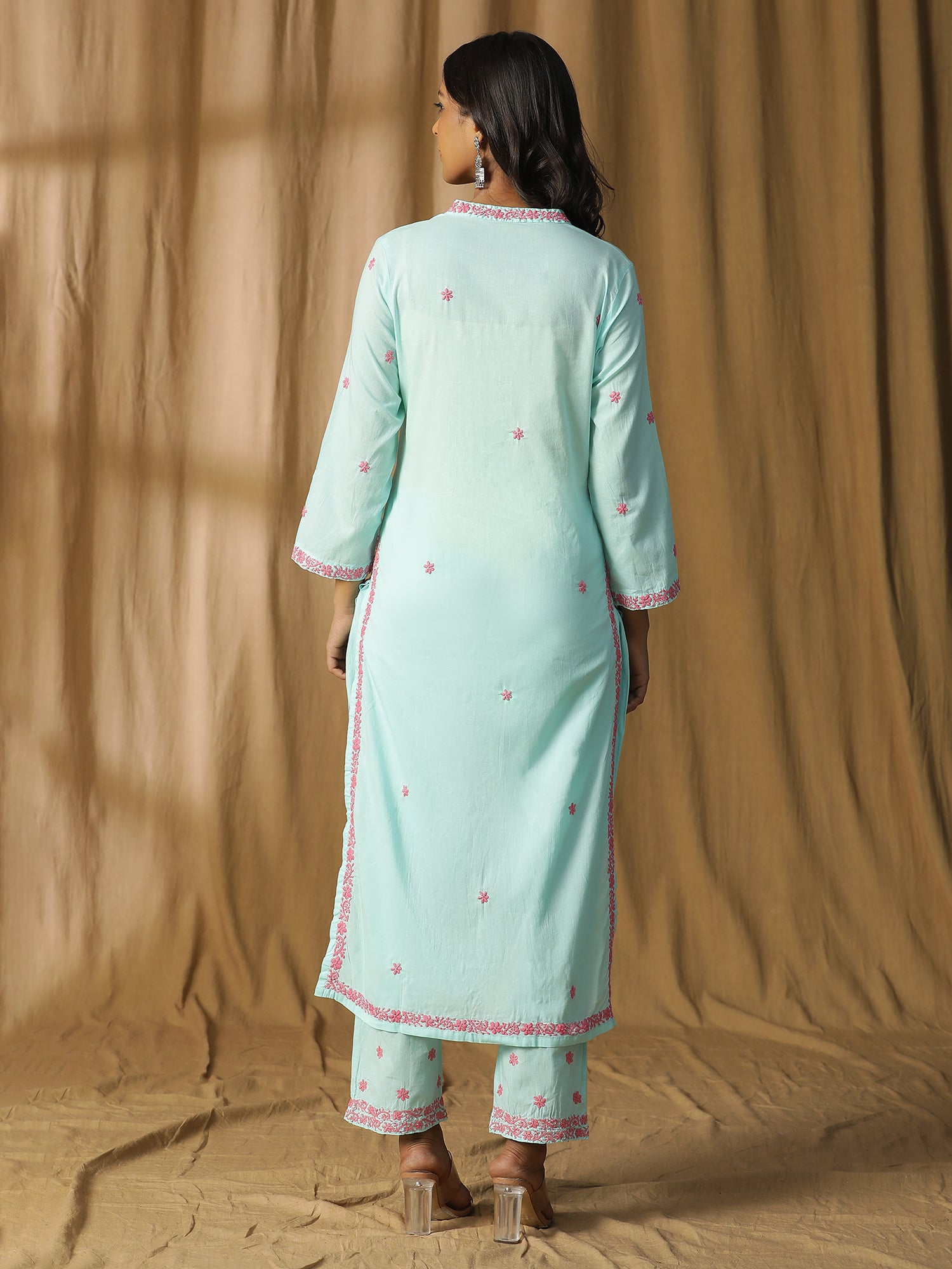 Overlap V-Neck and Straight Kurta Set in Soft Blue with Pink Chikankari