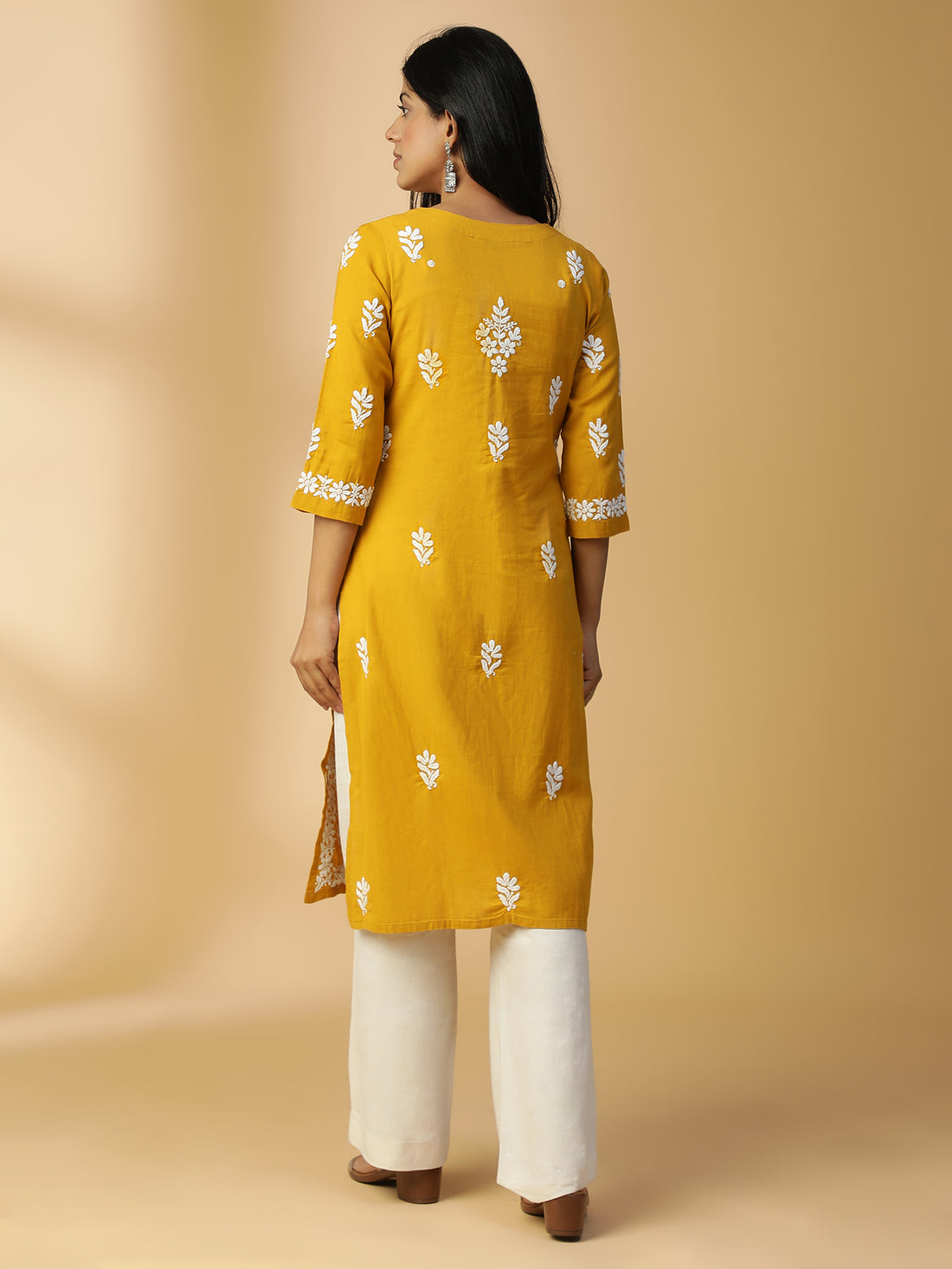 HAND EMBROIDERED MUSTARD COTTON LUCKNOWI CHIKANKARI STRAIGHT KURTA CH0153