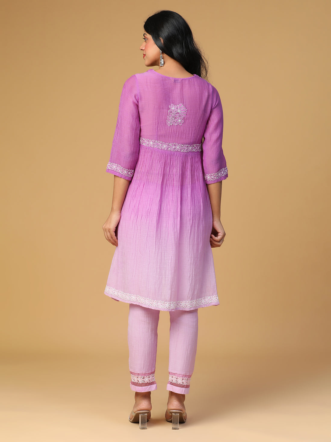 Mul Chanderi yoke gathered organza lace detailing purple chikankari work kurta set