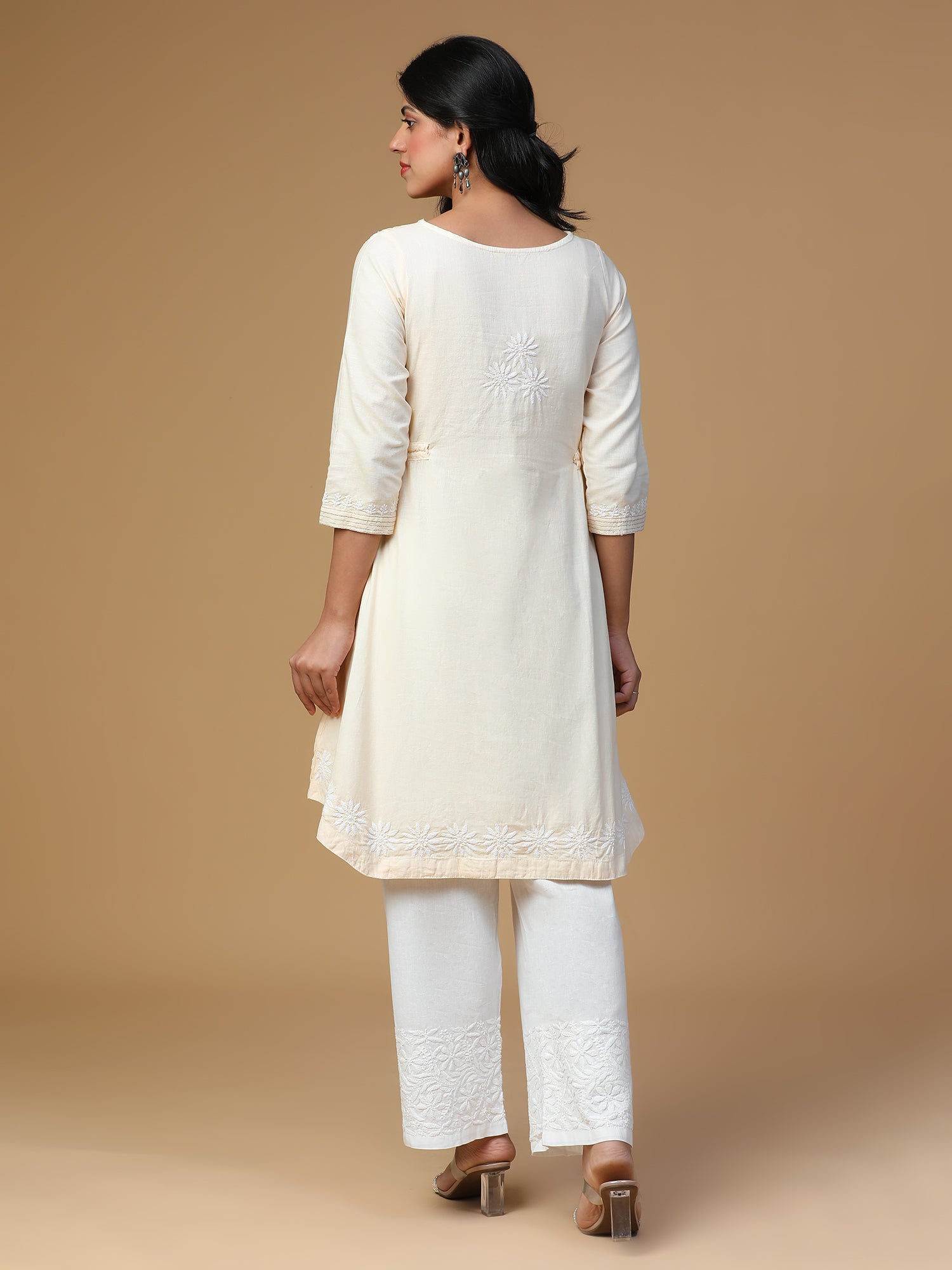 Semal Hand Embroidered Light Beige Cotton Linen Kasab Pintuck Lucknow Chikankari Tunic