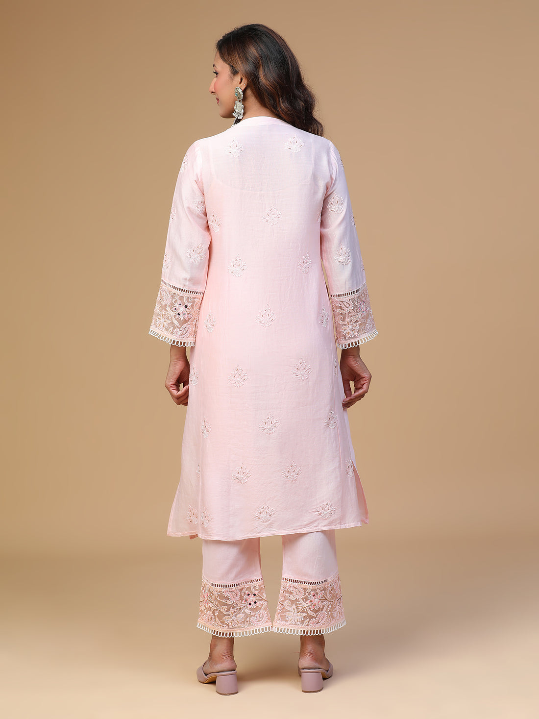 Semal Hand Embroidered Baby pink Chanderi V-Neck with Organza Border Lucknowi Chikankari Kurta Set CH0062