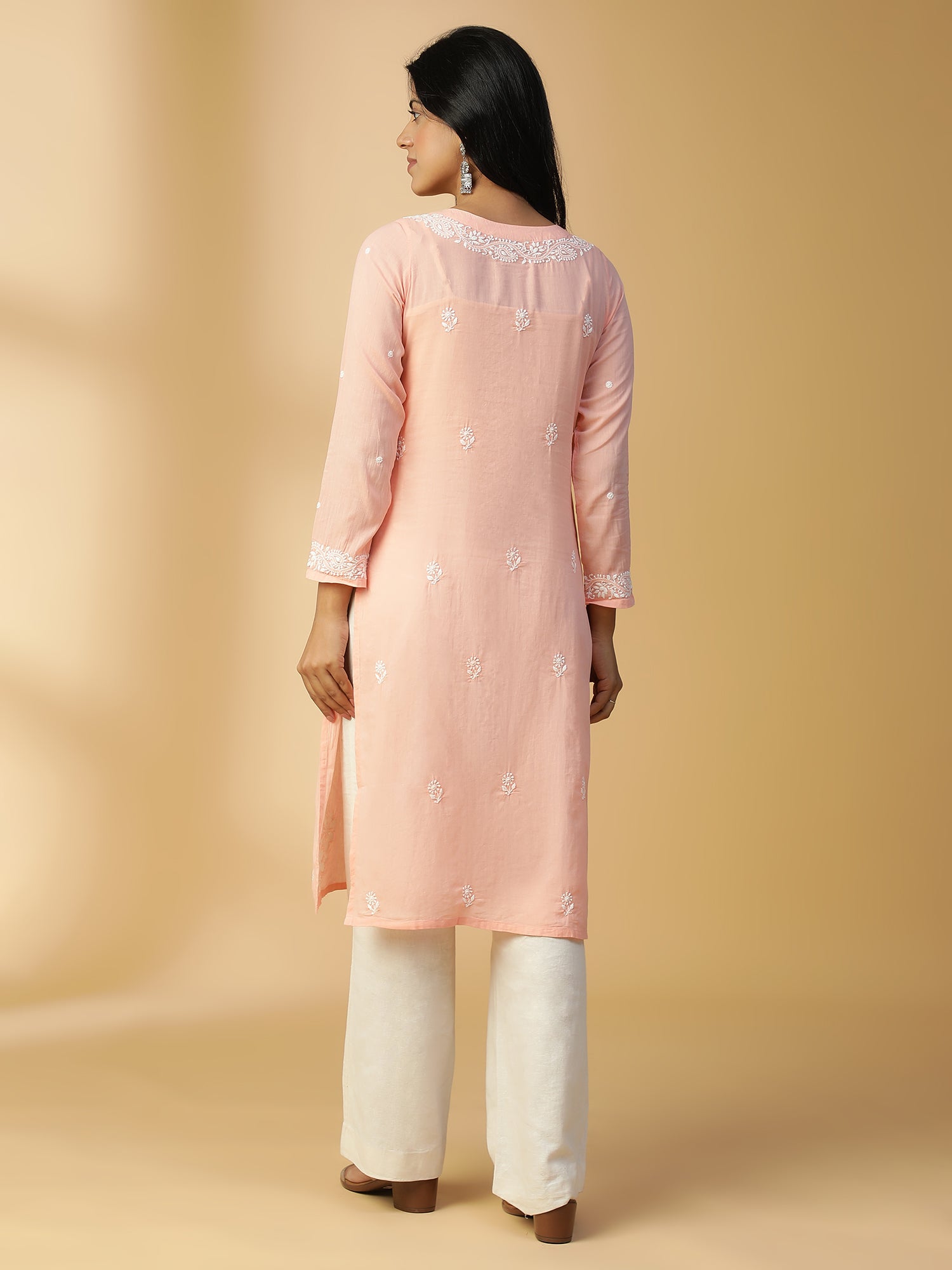 Hand Embroidered Lucknowi Chikankari Cotton Straight Peach Color Kurta CH0007B