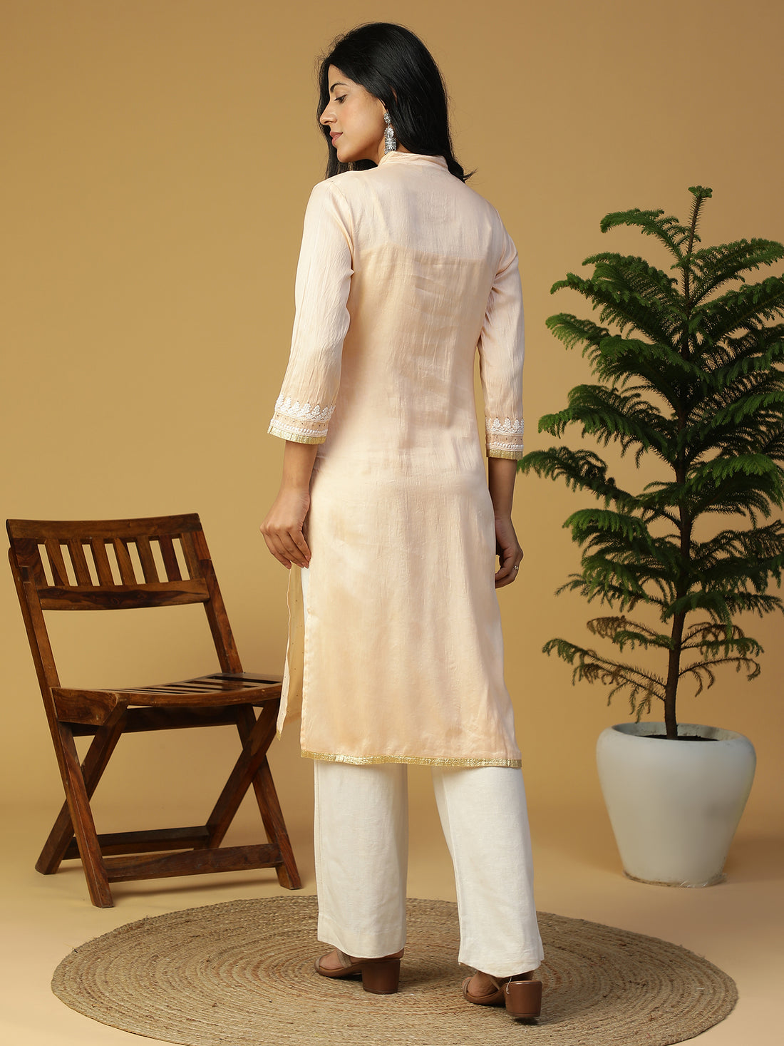 Hand Embroidered Peach Lucknowi Chikankari Chanderi kurta with Mukaish work CH0020B