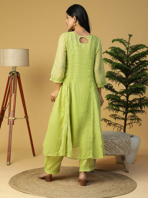 Hand Embroidered Lucknowi Chikankari A-Line Side Gathered Kota Kurta With Pants CH0221