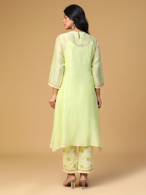 Semal Hand Embroidered Chanderi Pishta Green Lucknow Chikankari Straight Kurta Set