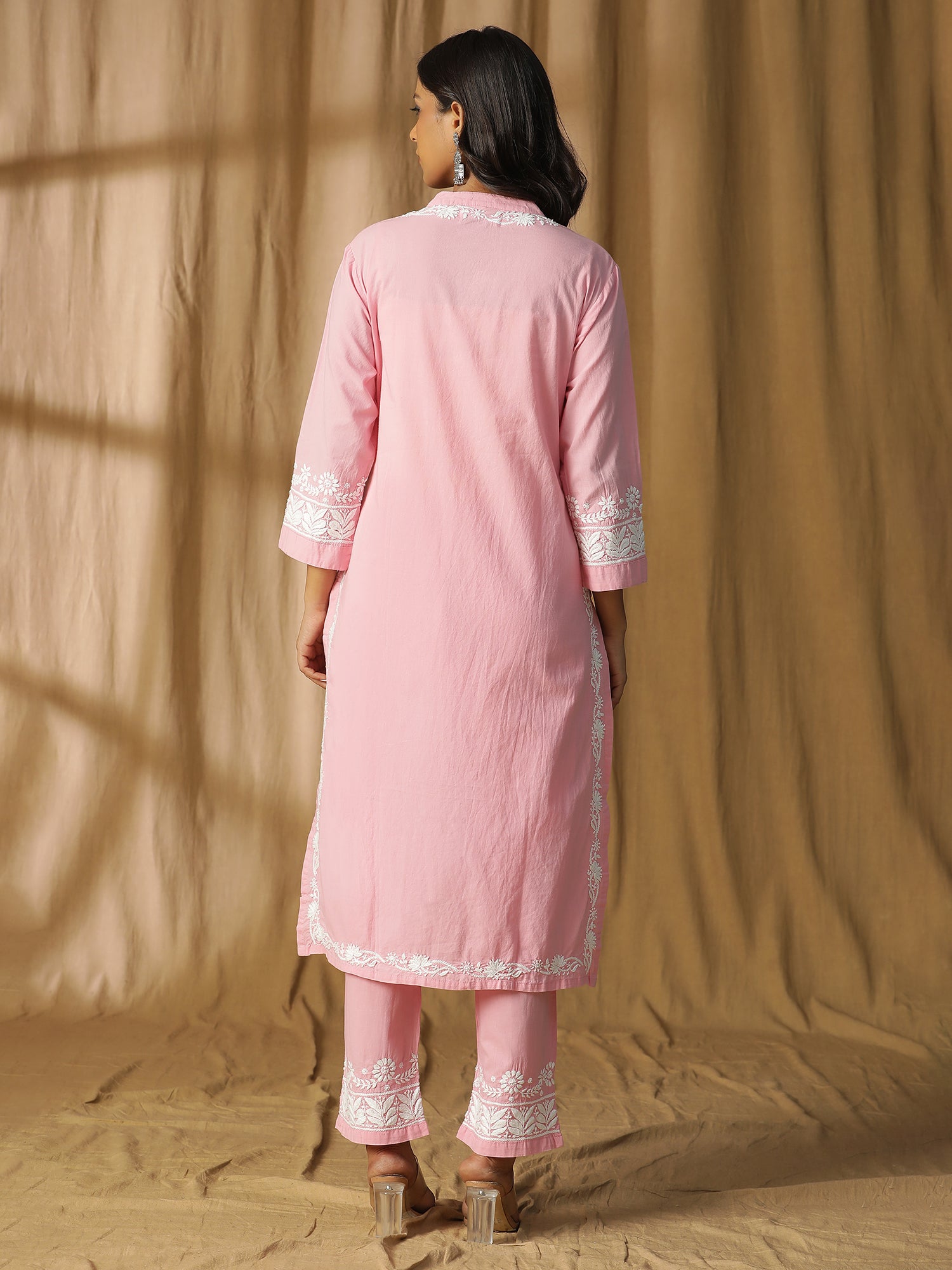 Chikankari Pink Candy Mandarin Cotton Kurta Set