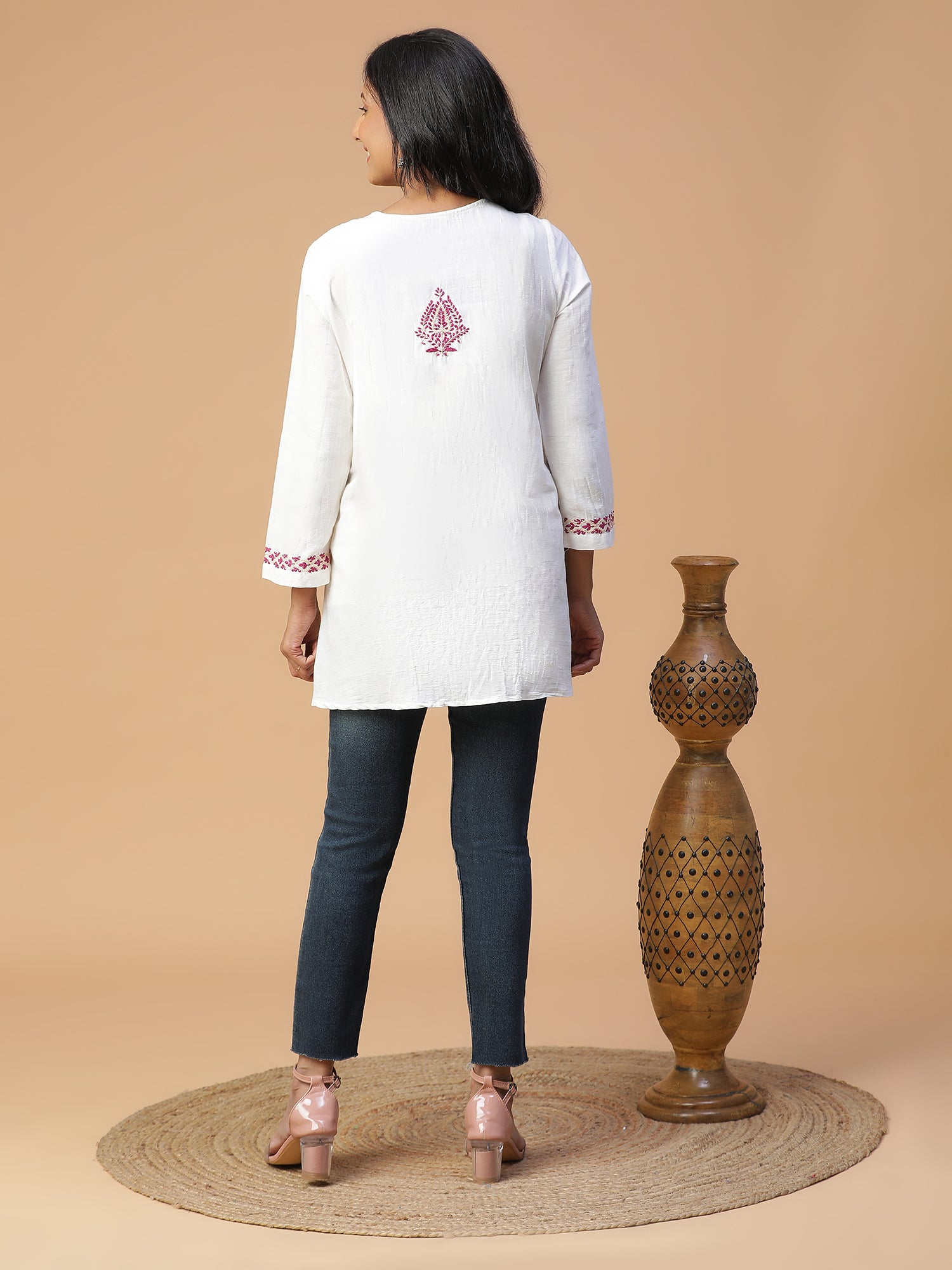 Chikankari cotton linen round neck with loop button V-yoke gather top