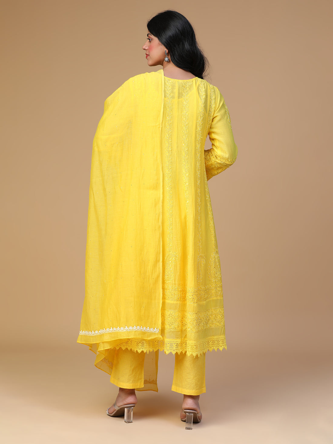 Chikankari  Chanderi Kali Kurta Set With Organza Border