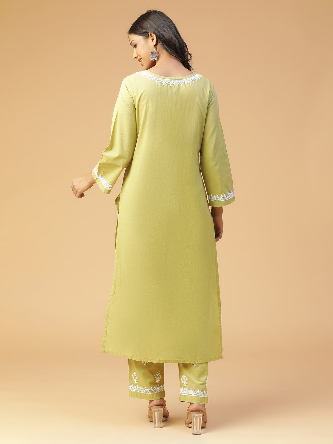 Soft and Comfortable Cotton Lucknow Chikankari Kurta Set in Olive Green