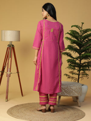 Hand Embroidered Magenta Cotton Lucknowi Chikankari Angrakha Neck Side Gathered Kurta With Pants CH0232