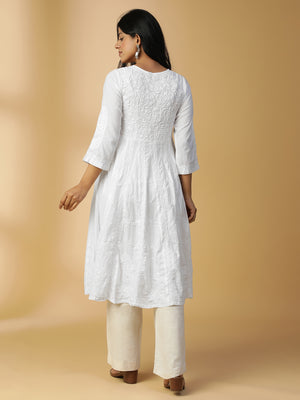 Hand Embroidered Lucknowi Chikankari Cotton Kali White Kurta with Mukaish Work CH0217A