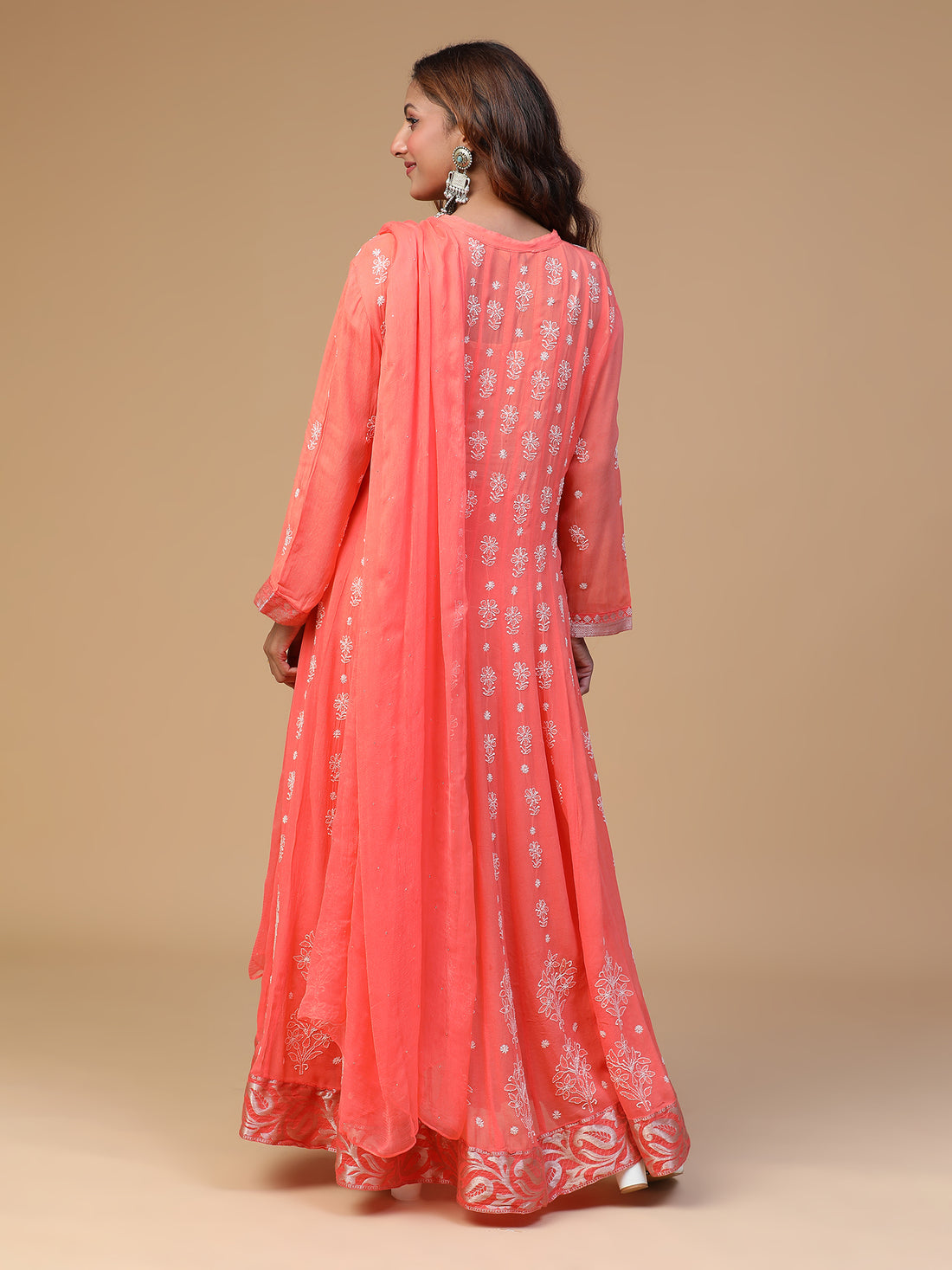 CHIKANKARI GEORGETTE PEACH KALI KURTA WITH DUPATTA SET