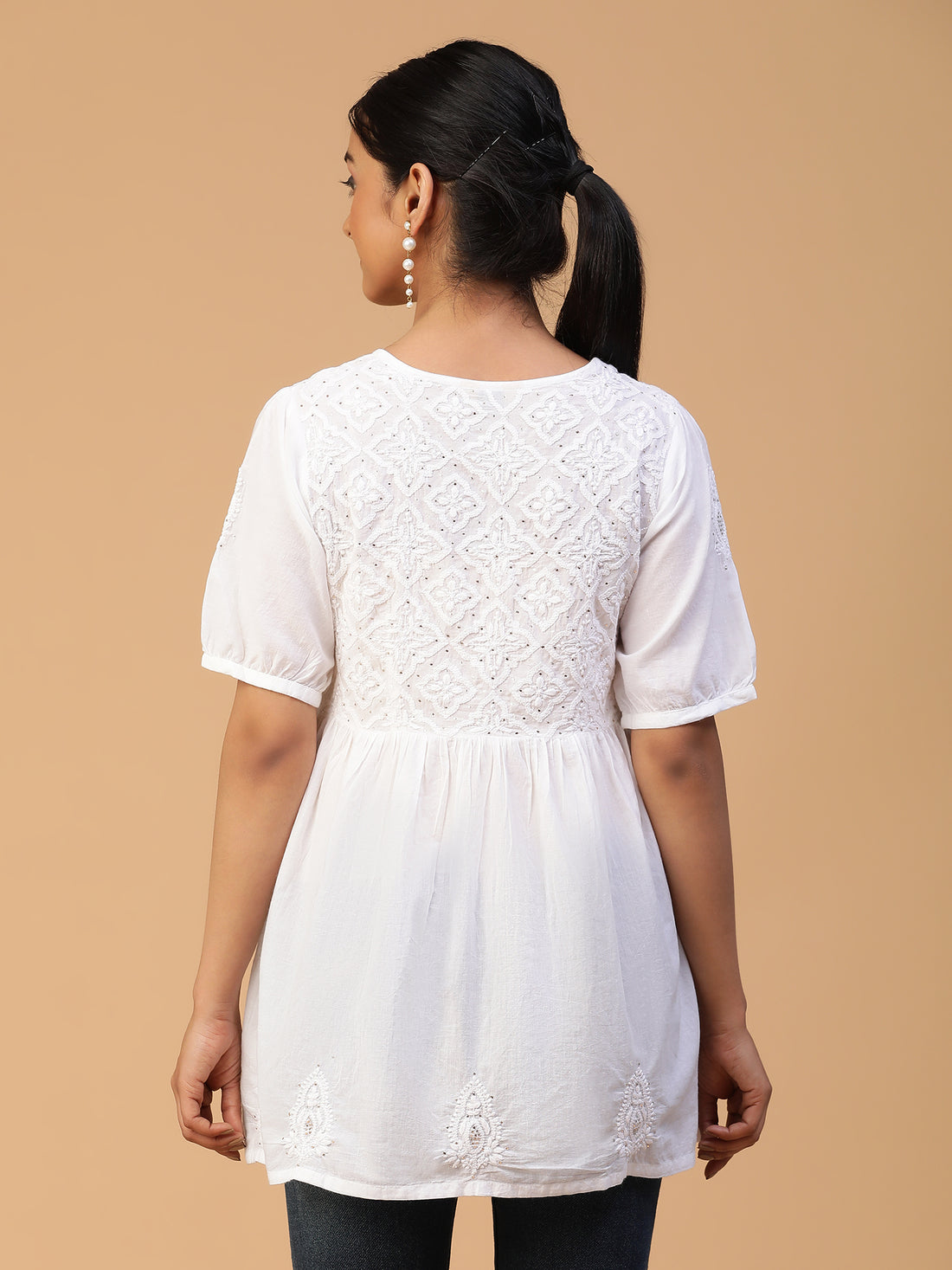 Breezy Charm Chikankari Handloom Mulmul Cotton Waist Gather Short Top