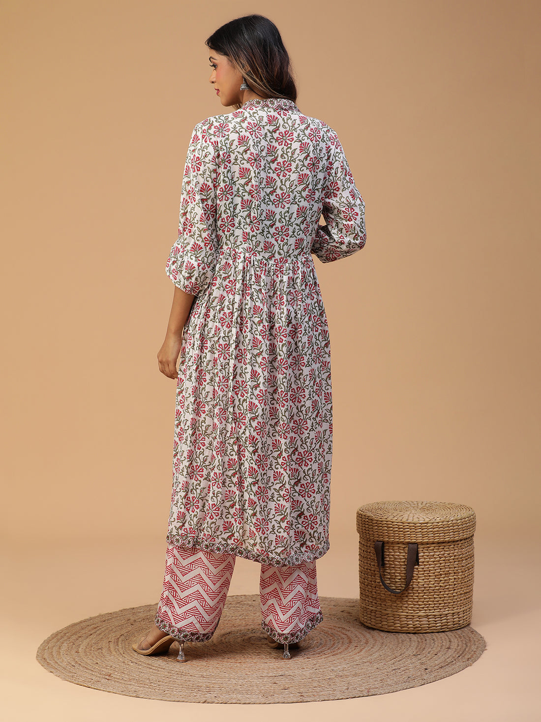 Hand Block Printed White A-line Kurta With Pants Set Blk_002